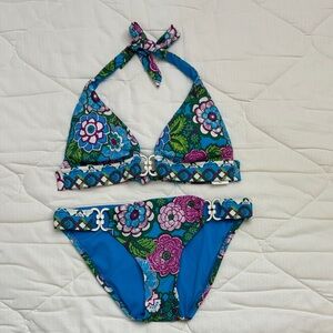 BECCA Rebecca Virture 2 Pc Triangle Top Halter Bikini Swimsuit Artsy Floral SZ M